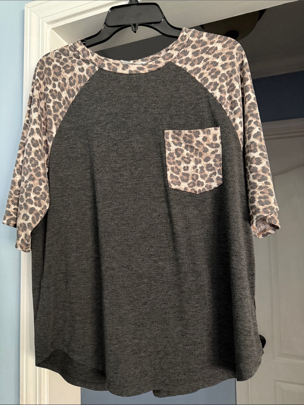 Zenana Outfitters Charcoal Gray Top with Leopard Trim
